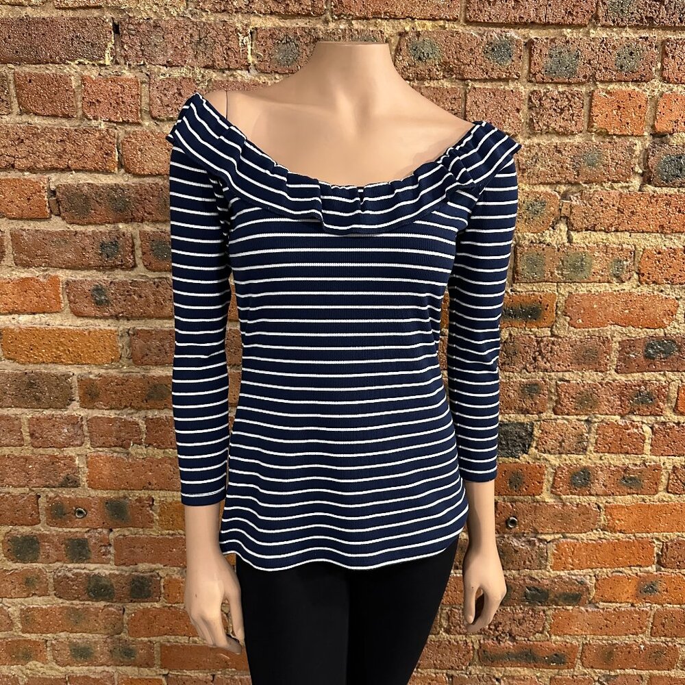 VGC Boston Proper Stripe Off the Shoulder Ruffle Blouse Size Small